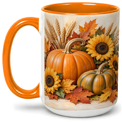 #pl[15oz|Orange] Autumn Pumpkin Sunflower Accent Mug, Ceramic Cup for Fall Fans