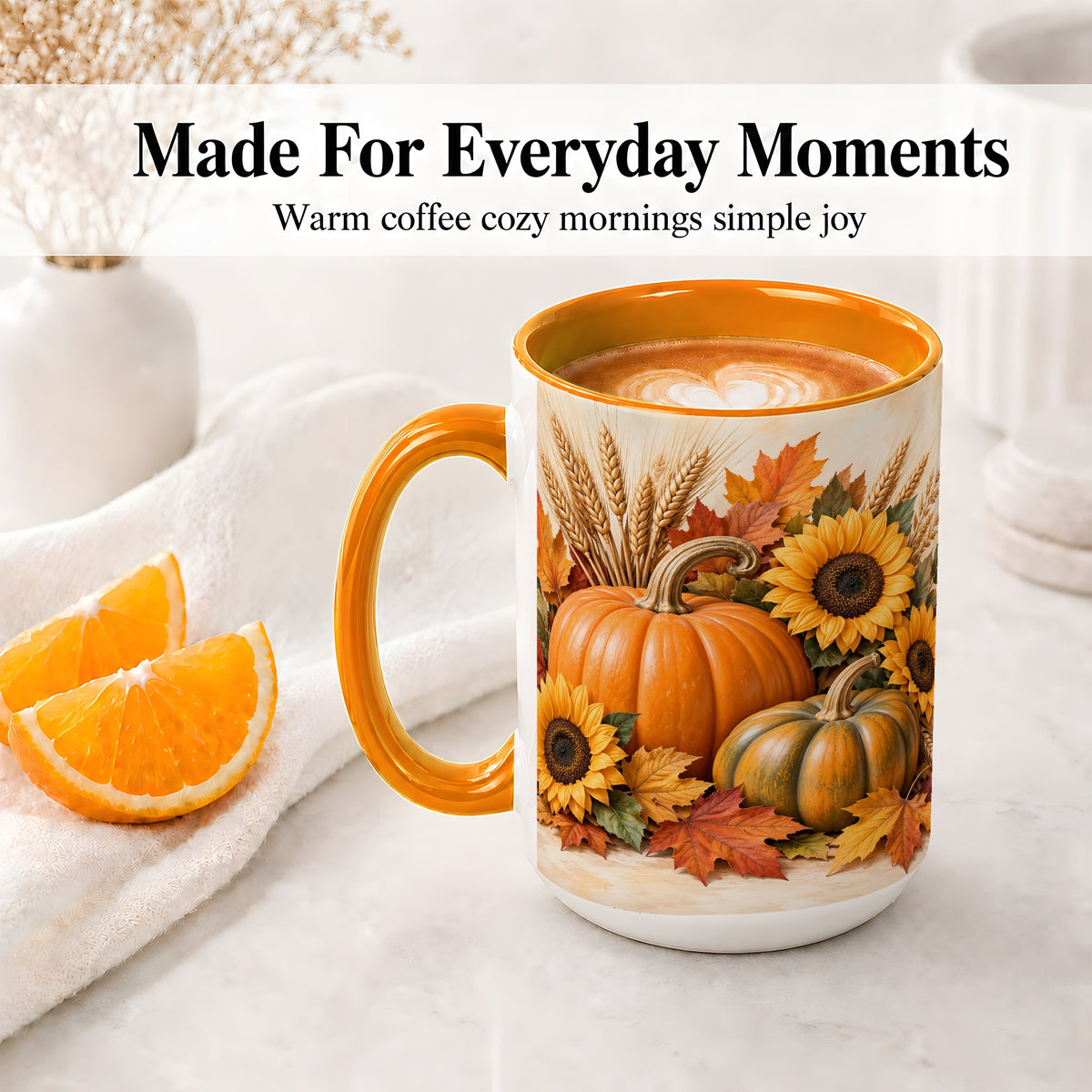 #pl[15oz|Orange] Autumn Pumpkin Sunflower Accent Mug, Ceramic Cup for Fall Fans