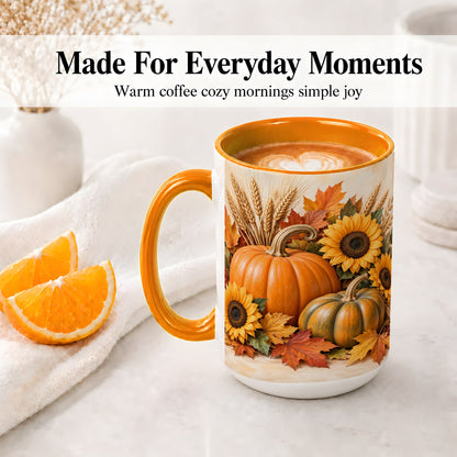 #pl[15oz|Orange] Autumn Pumpkin Sunflower Accent Mug, Ceramic Cup for Fall Fans