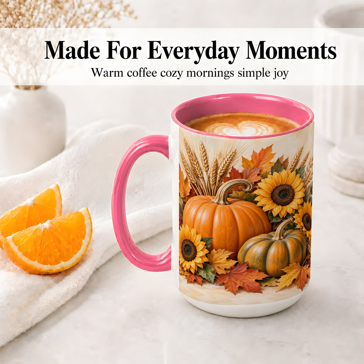 #pl[15oz|Pink] Autumn Pumpkin Sunflower Accent Mug, Ceramic Cup for Fall Fans