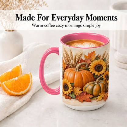 #pl[15oz|Pink] Autumn Pumpkin Sunflower Accent Mug, Ceramic Cup for Fall Fans