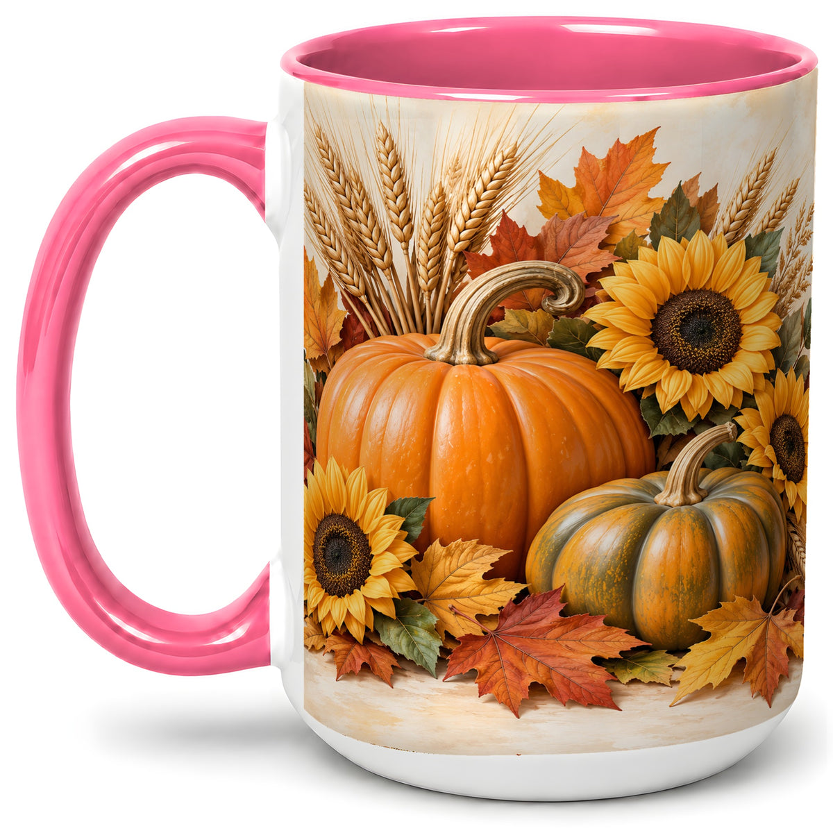 #pl[15oz|Pink] Autumn Pumpkin Sunflower Accent Mug, Ceramic Cup for Fall Fans