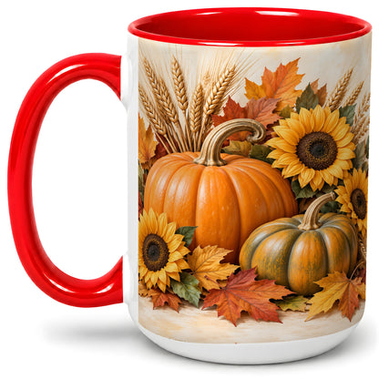 #pl[15oz|Red] Autumn Pumpkin Sunflower Accent Mug, Ceramic Cup for Fall Fans