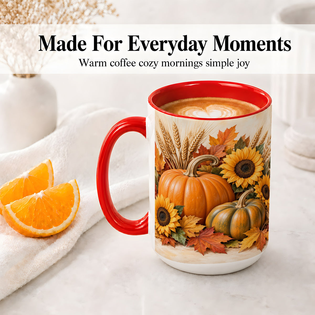 #pl[15oz|Red] Autumn Pumpkin Sunflower Accent Mug, Ceramic Cup for Fall Fans