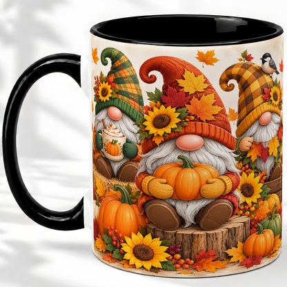#pl[11oz|Black] Autumn Gnome Pumpkin Accent Mug, Ceramic Cup for Fall Decor Fans