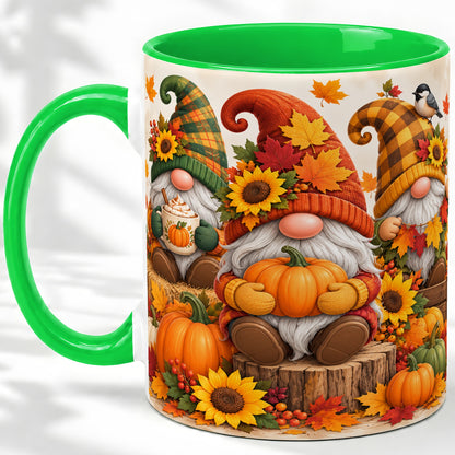 #pl[11oz|Green] Autumn Gnome Pumpkin Accent Mug, Ceramic Cup for Fall Decor Fans