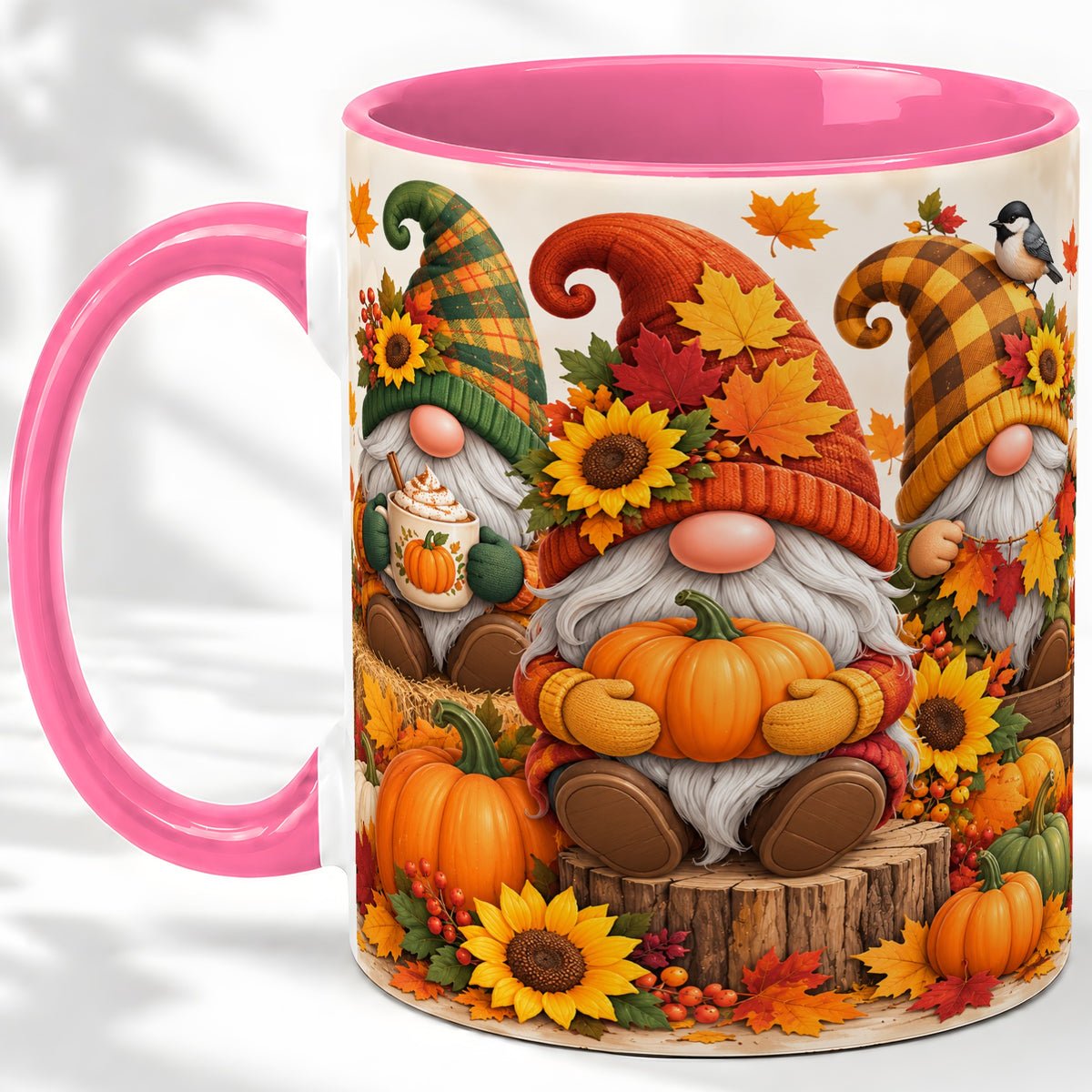 #pl[11oz|Pink] Autumn Gnome Pumpkin Accent Mug, Ceramic Cup for Fall Decor Fans