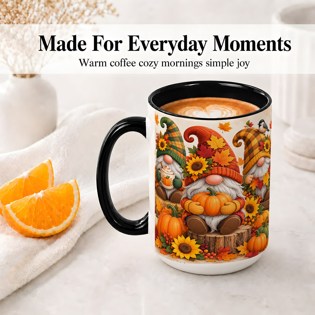 #pl[15oz|Black] Autumn Gnome Pumpkin Accent Mug, Ceramic Cup for Fall Decor Fans