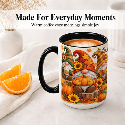 #pl[15oz|Black] Autumn Gnome Pumpkin Accent Mug, Ceramic Cup for Fall Decor Fans