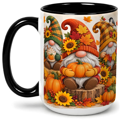 #pl[15oz|Black] Autumn Gnome Pumpkin Accent Mug, Ceramic Cup for Fall Decor Fans