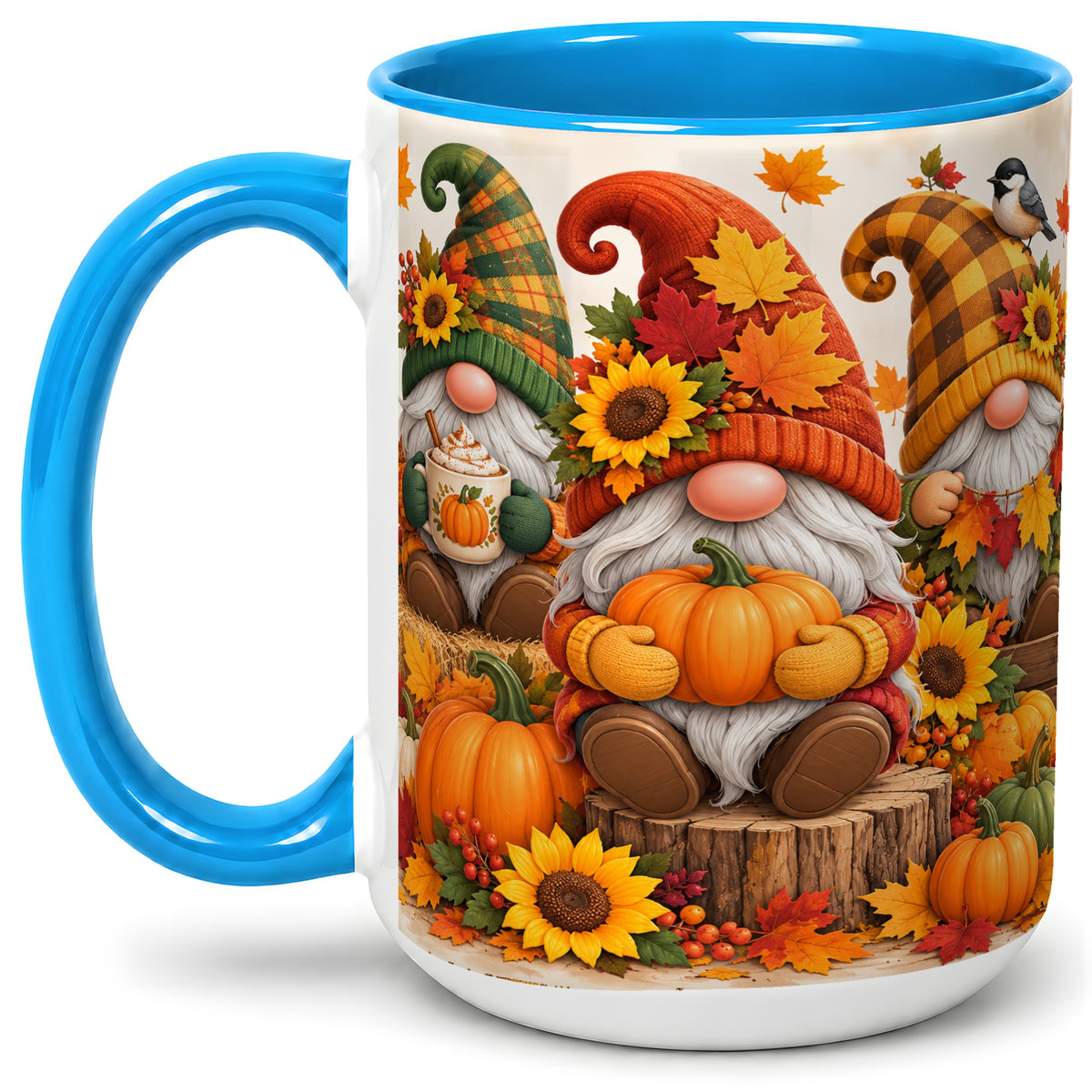 #pl[15oz|Blue] Autumn Gnome Pumpkin Accent Mug, Ceramic Cup for Fall Decor Fans