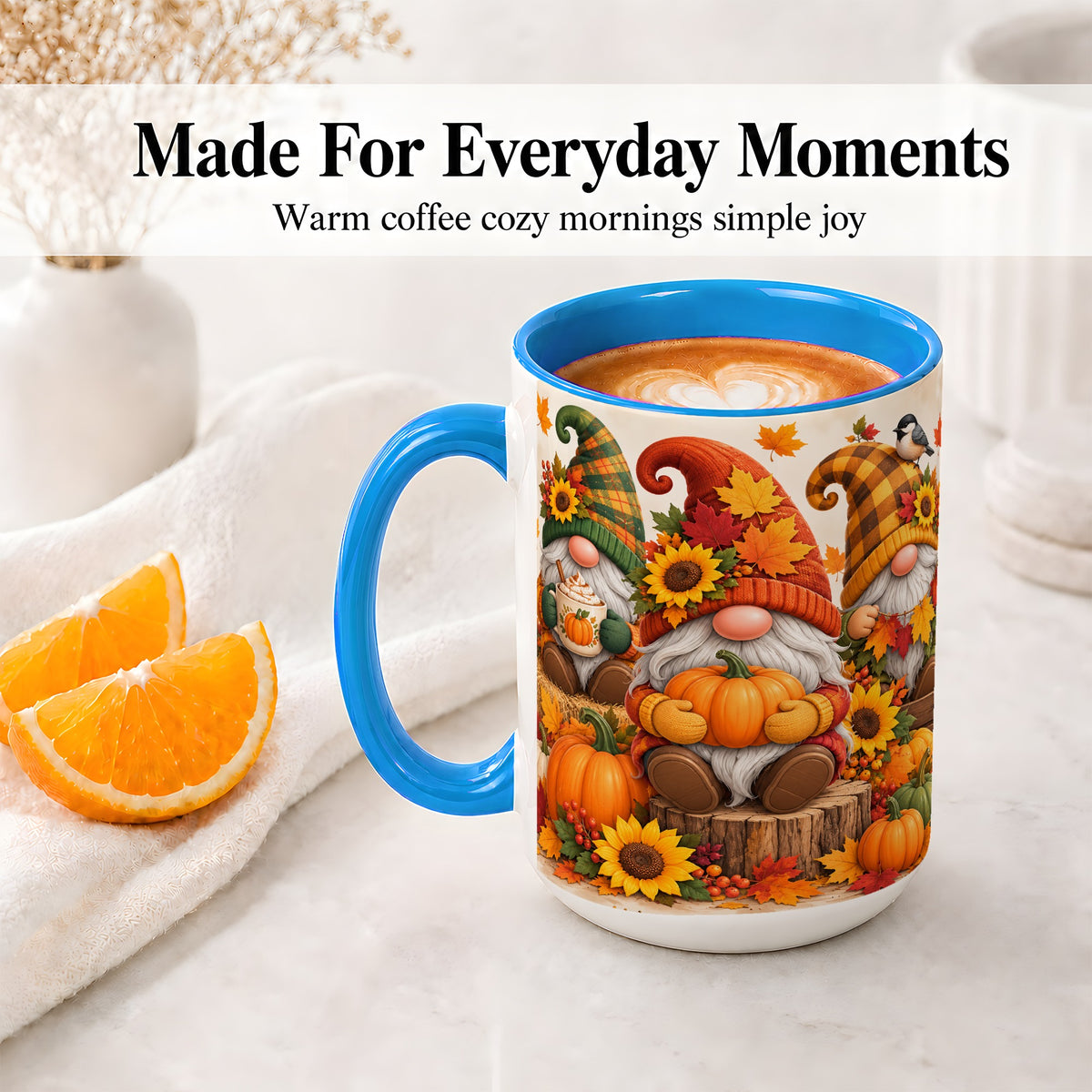 #pl[15oz|Blue] Autumn Gnome Pumpkin Accent Mug, Ceramic Cup for Fall Decor Fans