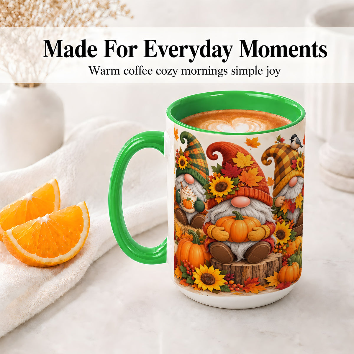 #pl[15oz|Green] Autumn Gnome Pumpkin Accent Mug, Ceramic Cup for Fall Decor Fans