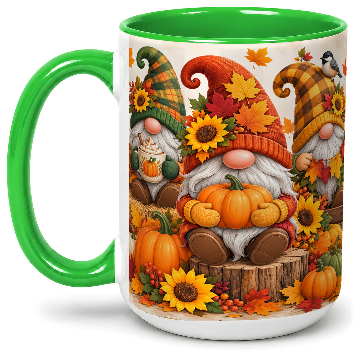 #pl[15oz|Green] Autumn Gnome Pumpkin Accent Mug, Ceramic Cup for Fall Decor Fans