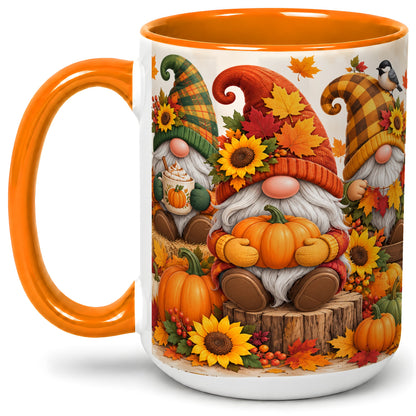 #pl[15oz|Orange] Autumn Gnome Pumpkin Accent Mug, Ceramic Cup for Fall Decor Fans