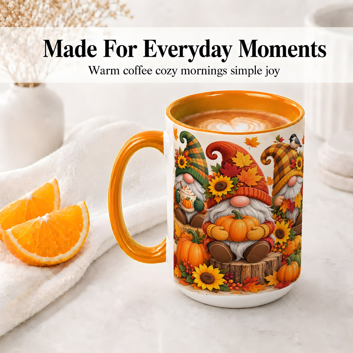#pl[15oz|Orange] Autumn Gnome Pumpkin Accent Mug, Ceramic Cup for Fall Decor Fans