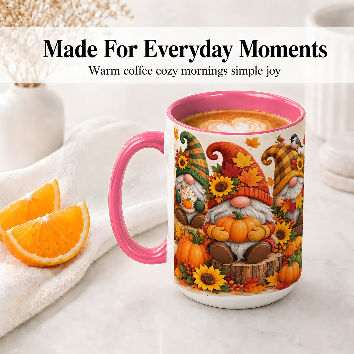 #pl[15oz|Pink] Autumn Gnome Pumpkin Accent Mug, Ceramic Cup for Fall Decor Fans