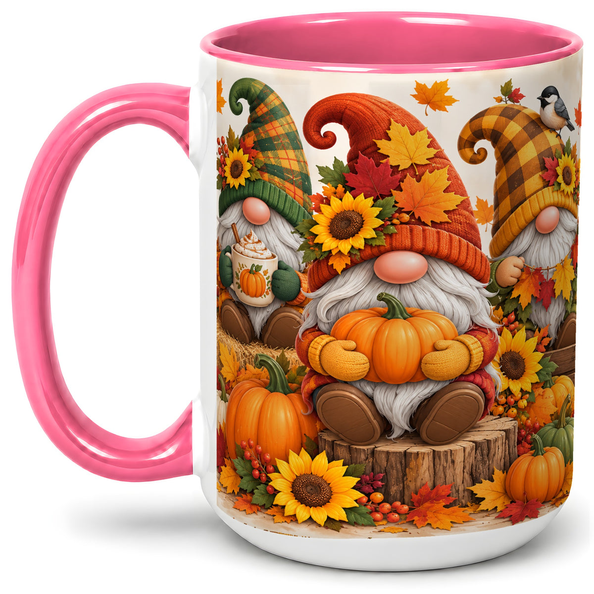 #pl[15oz|Pink] Autumn Gnome Pumpkin Accent Mug, Ceramic Cup for Fall Decor Fans