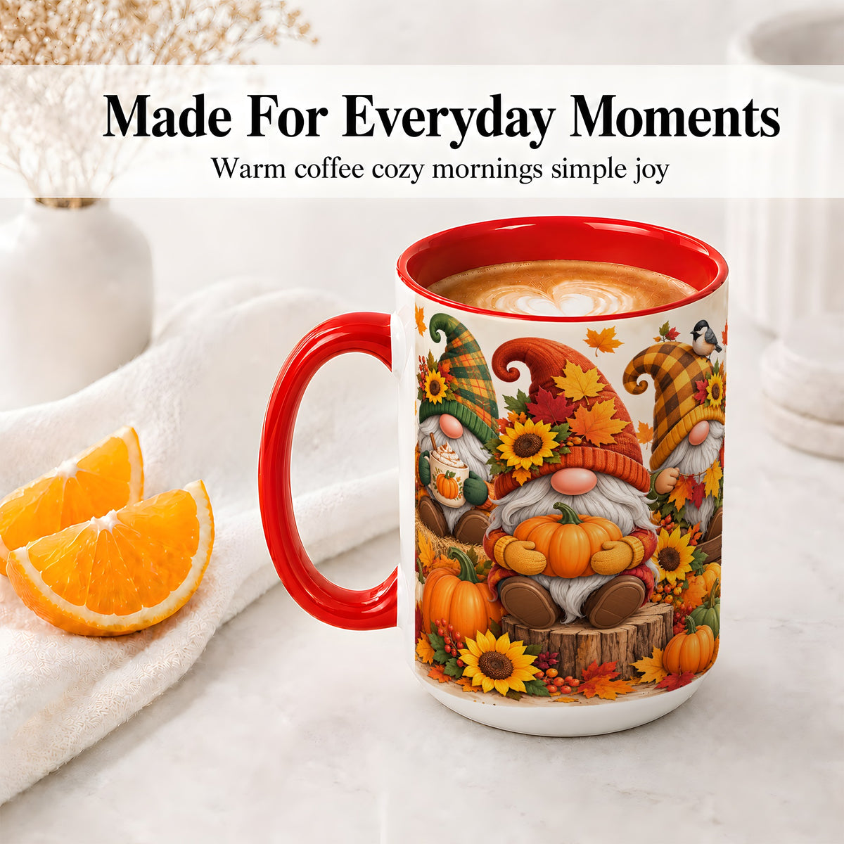 #pl[15oz|Red] Autumn Gnome Pumpkin Accent Mug, Ceramic Cup for Fall Decor Fans