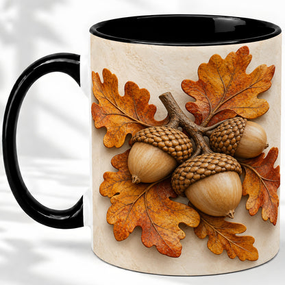#pl[11oz|Black] Autumn Acorn Oak Leaf Accent Mug, Ceramic Cup for Nature Fans