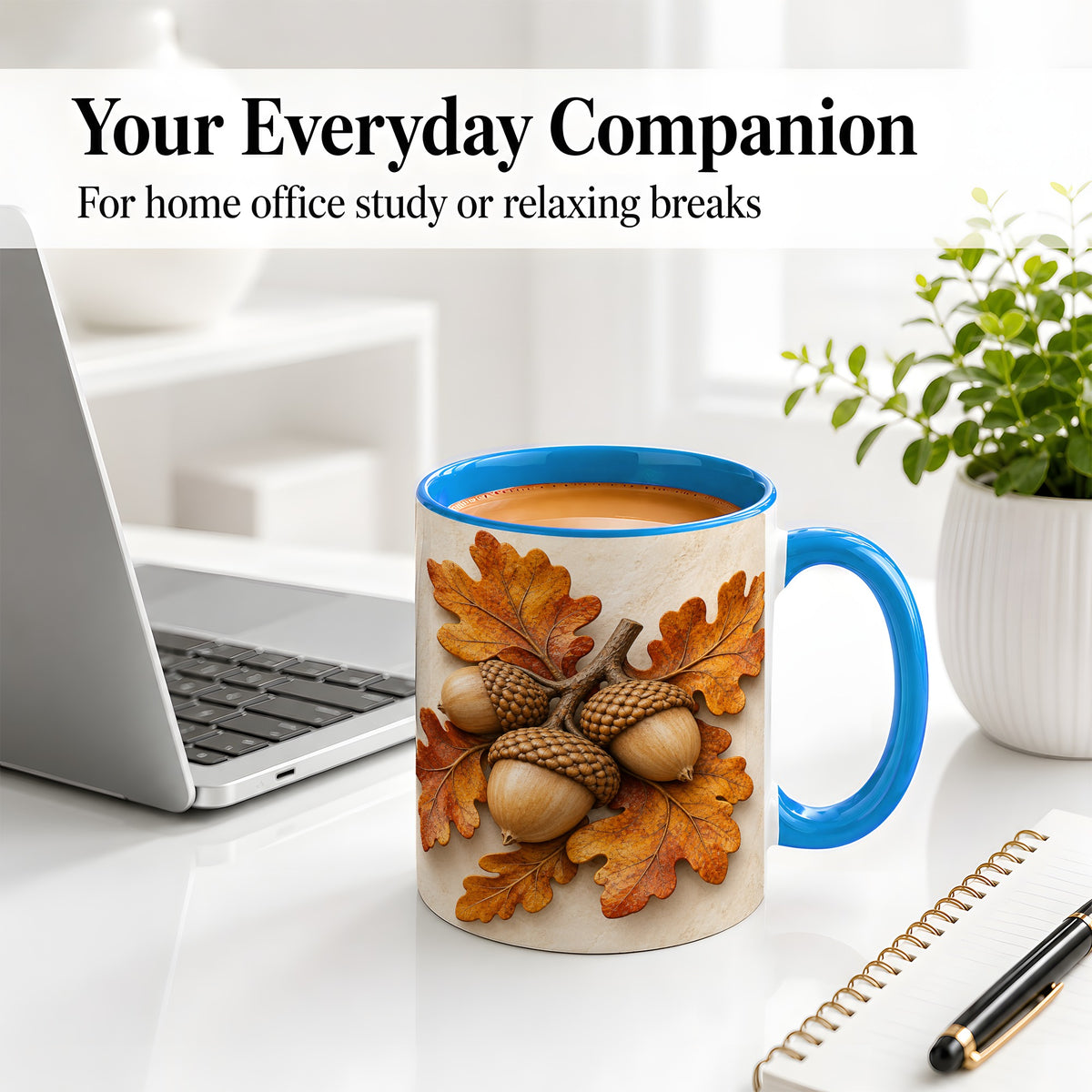 #pl[11oz|Blue] Autumn Acorn Oak Leaf Accent Mug, Ceramic Cup for Nature Fans