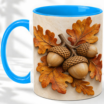 #pl[11oz|Blue] Autumn Acorn Oak Leaf Accent Mug, Ceramic Cup for Nature Fans
