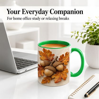 #pl[11oz|Green] Autumn Acorn Oak Leaf Accent Mug, Ceramic Cup for Nature Fans