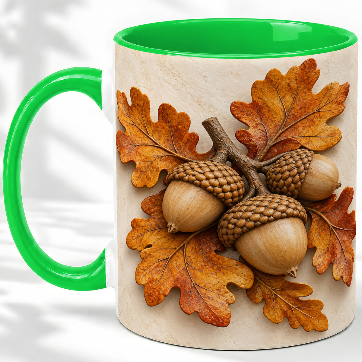 #pl[11oz|Green] Autumn Acorn Oak Leaf Accent Mug, Ceramic Cup for Nature Fans