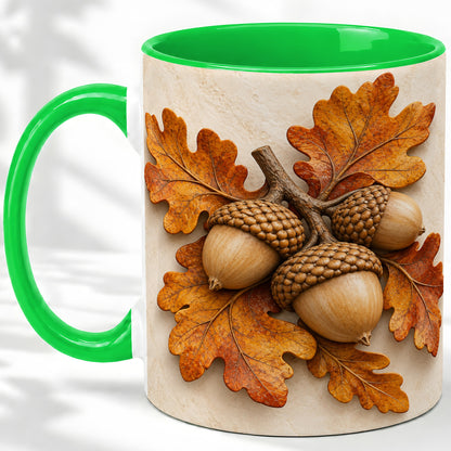 #pl[11oz|Green] Autumn Acorn Oak Leaf Accent Mug, Ceramic Cup for Nature Fans