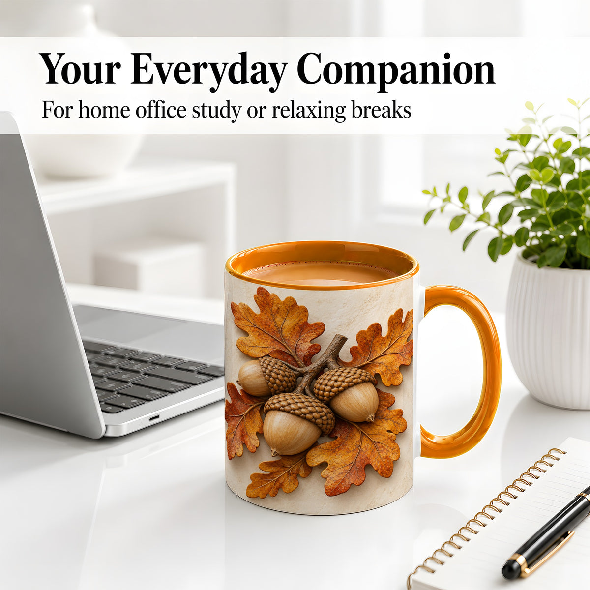 #pl[11oz|Orange] Autumn Acorn Oak Leaf Accent Mug, Ceramic Cup for Nature Fans