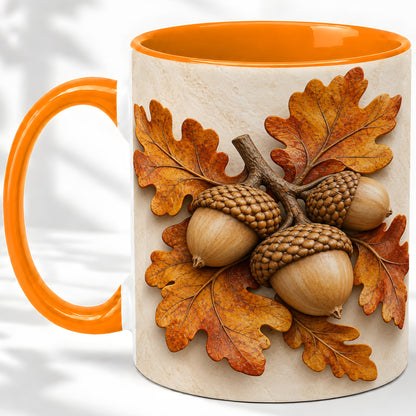 #pl[11oz|Orange] Autumn Acorn Oak Leaf Accent Mug, Ceramic Cup for Nature Fans