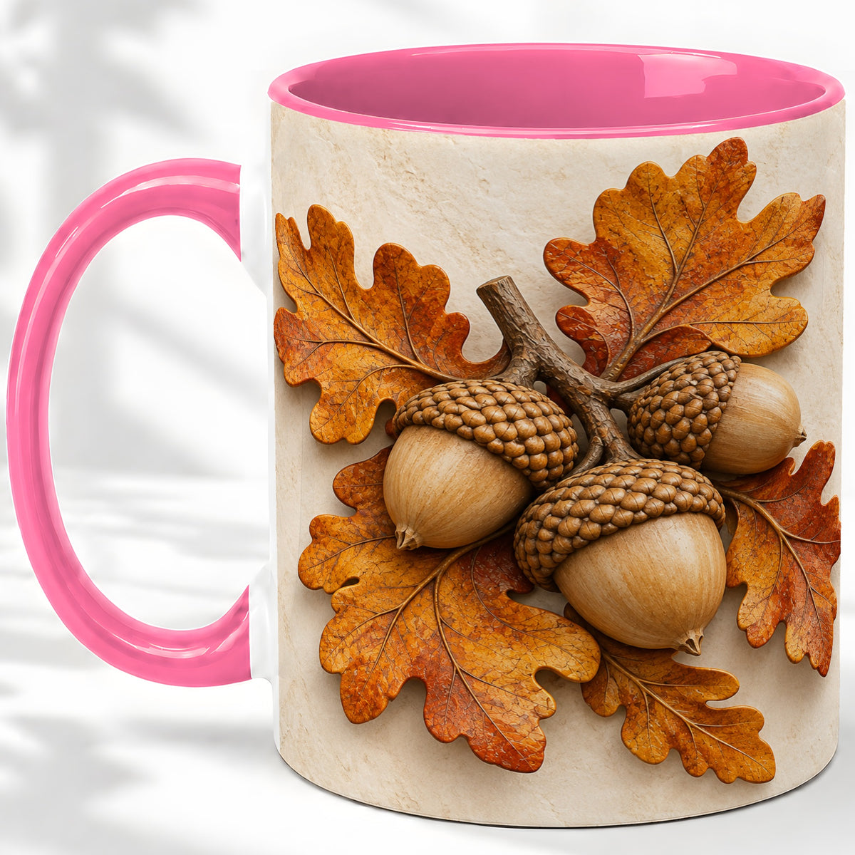 #pl[11oz|Pink] Autumn Acorn Oak Leaf Accent Mug, Ceramic Cup for Nature Fans
