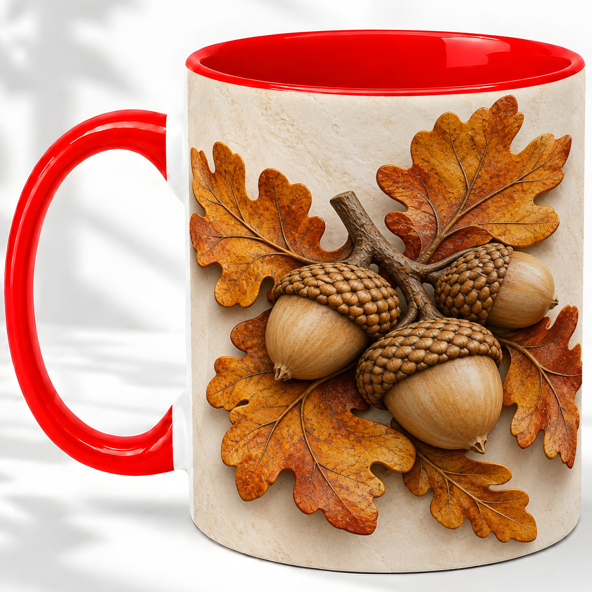 Autumn Acorn Oak Leaf Accent Mug, Ceramic Cup for Nature Fans