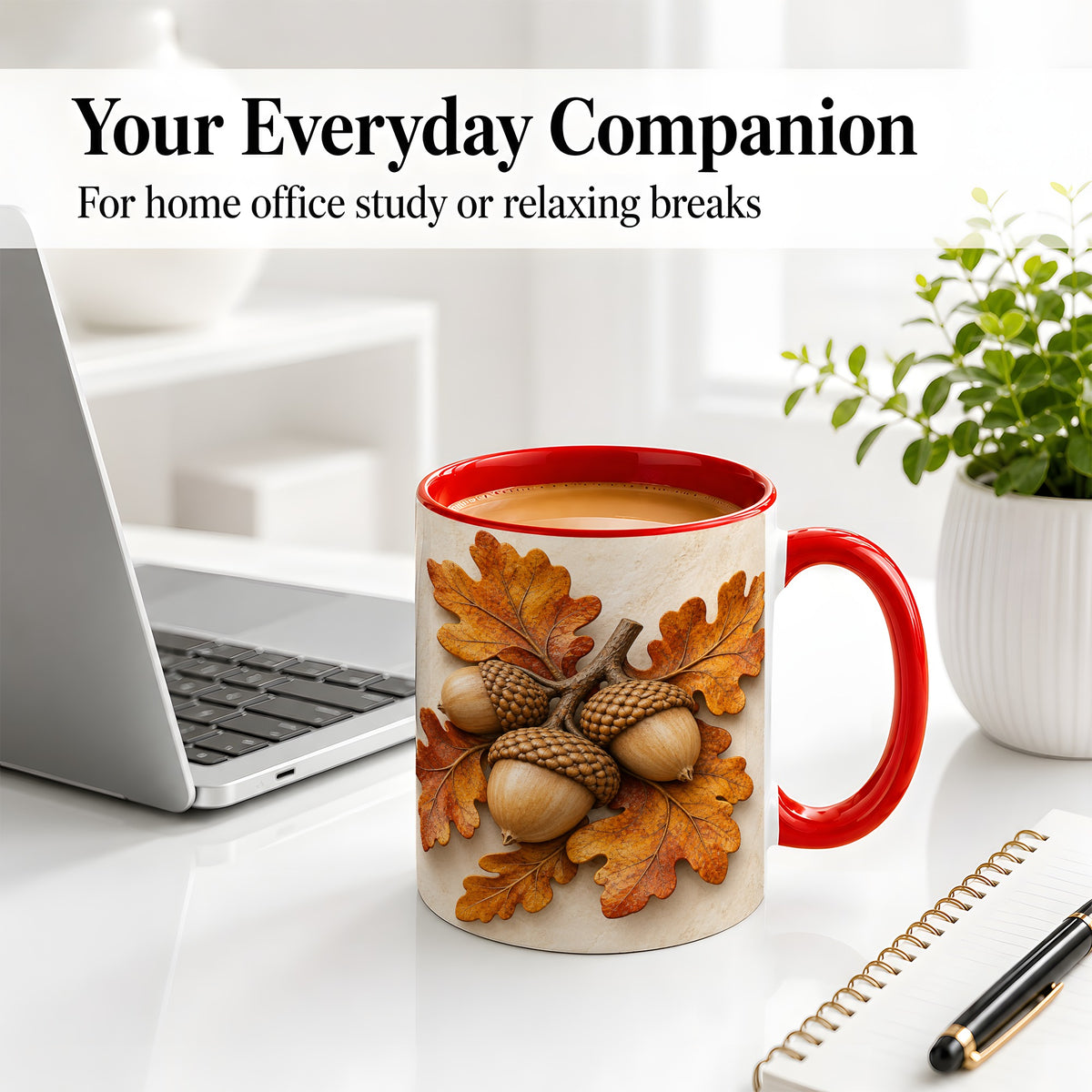 #pl[11oz|Red] Autumn Acorn Oak Leaf Accent Mug, Ceramic Cup for Nature Fans