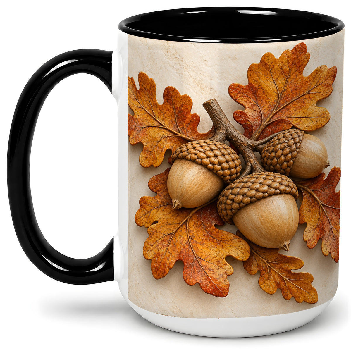 #pl[15oz|Black] Autumn Acorn Oak Leaf Accent Mug, Ceramic Cup for Nature Fans