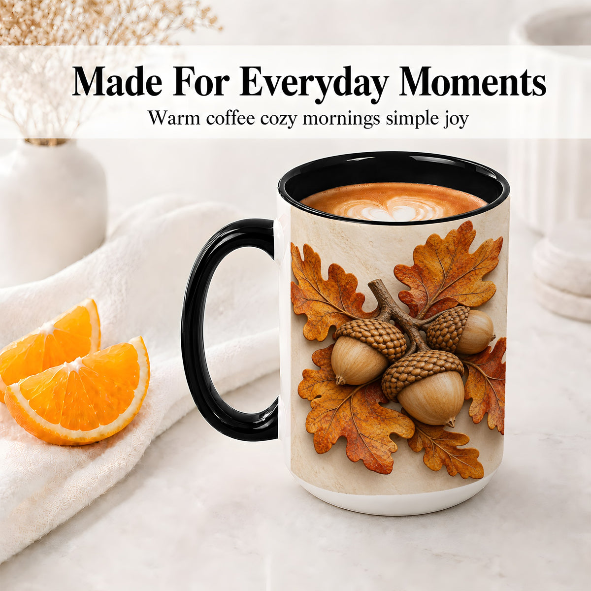 #pl[15oz|Black] Autumn Acorn Oak Leaf Accent Mug, Ceramic Cup for Nature Fans