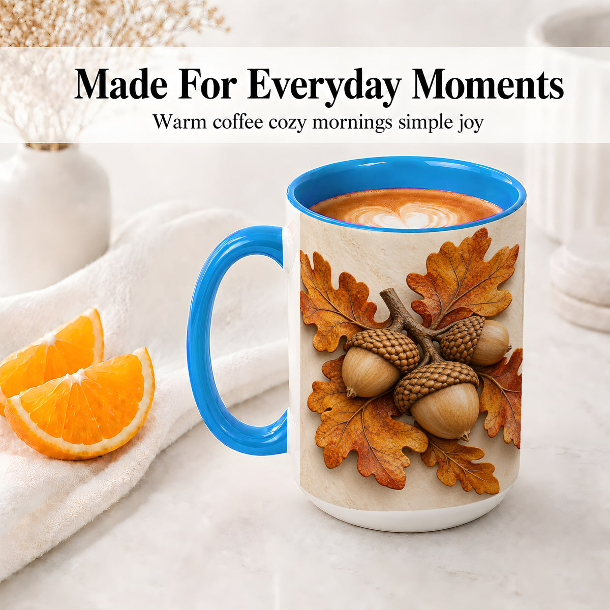 #pl[15oz|Blue] Autumn Acorn Oak Leaf Accent Mug, Ceramic Cup for Nature Fans