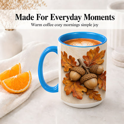 #pl[15oz|Blue] Autumn Acorn Oak Leaf Accent Mug, Ceramic Cup for Nature Fans