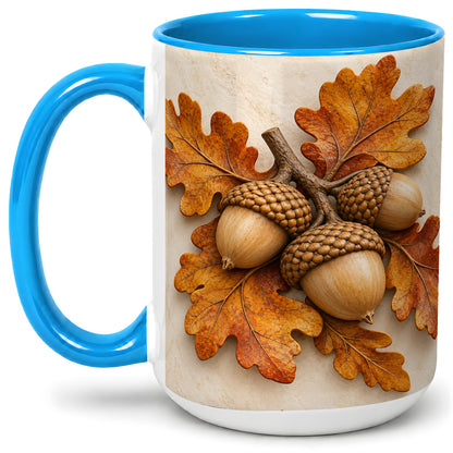 #pl[15oz|Blue] Autumn Acorn Oak Leaf Accent Mug, Ceramic Cup for Nature Fans
