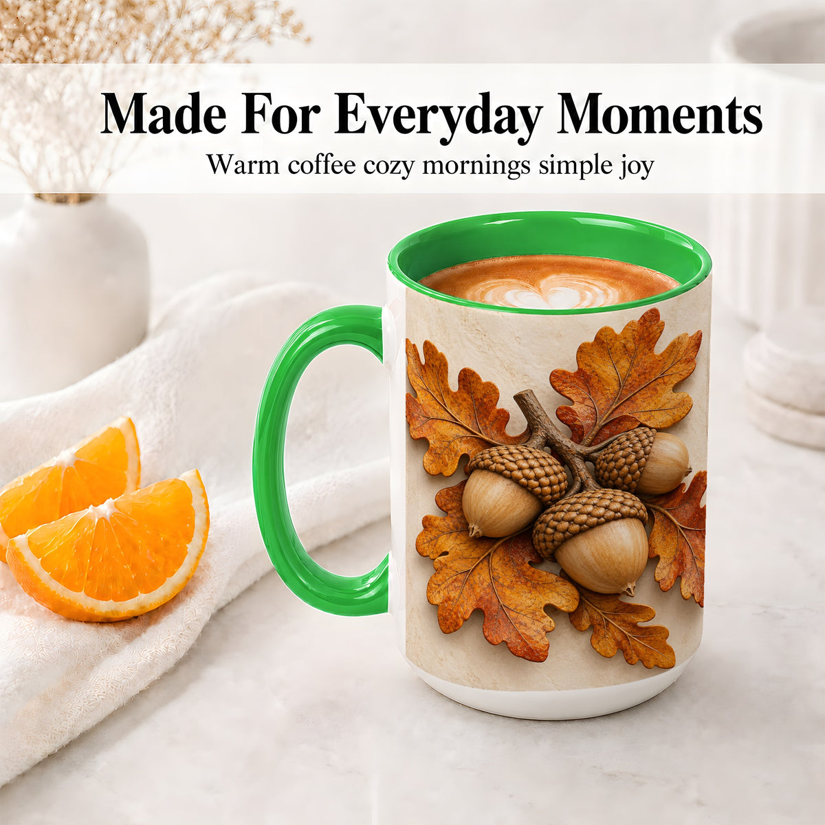 #pl[15oz|Green] Autumn Acorn Oak Leaf Accent Mug, Ceramic Cup for Nature Fans