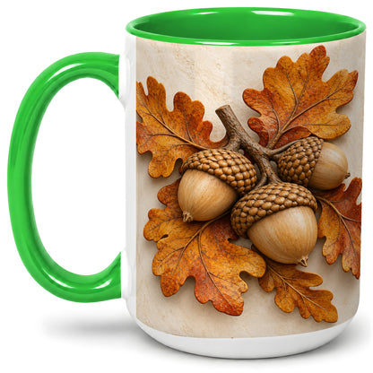 #pl[15oz|Green] Autumn Acorn Oak Leaf Accent Mug, Ceramic Cup for Nature Fans