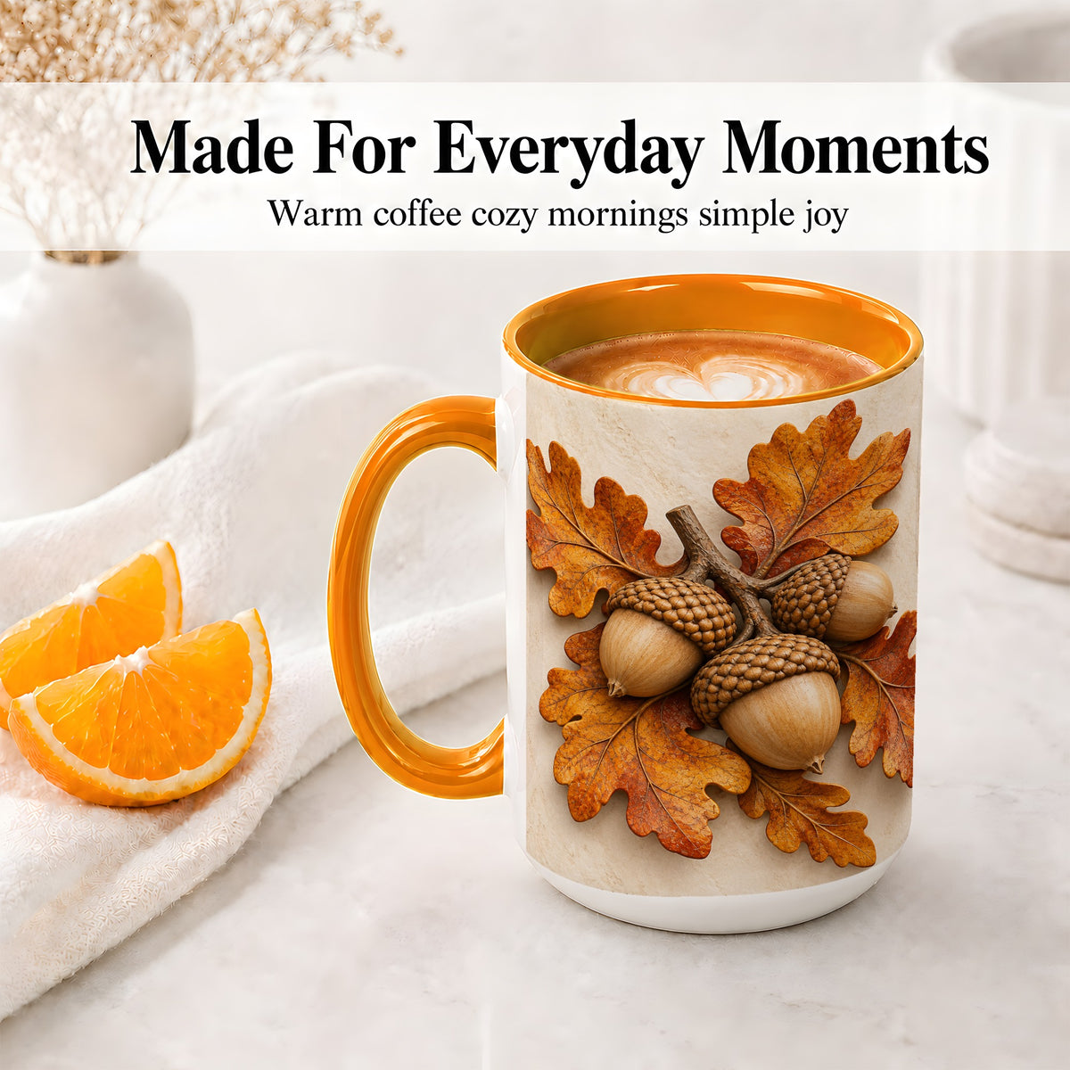#pl[15oz|Orange] Autumn Acorn Oak Leaf Accent Mug, Ceramic Cup for Nature Fans