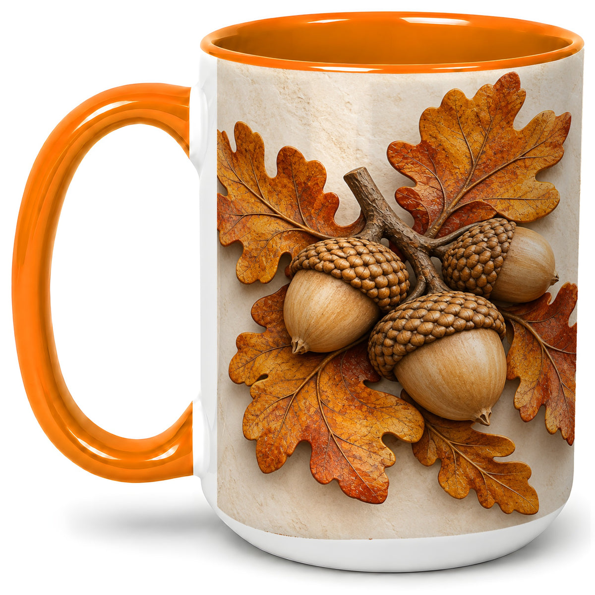 #pl[15oz|Orange] Autumn Acorn Oak Leaf Accent Mug, Ceramic Cup for Nature Fans