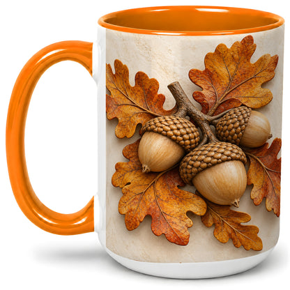#pl[15oz|Orange] Autumn Acorn Oak Leaf Accent Mug, Ceramic Cup for Nature Fans