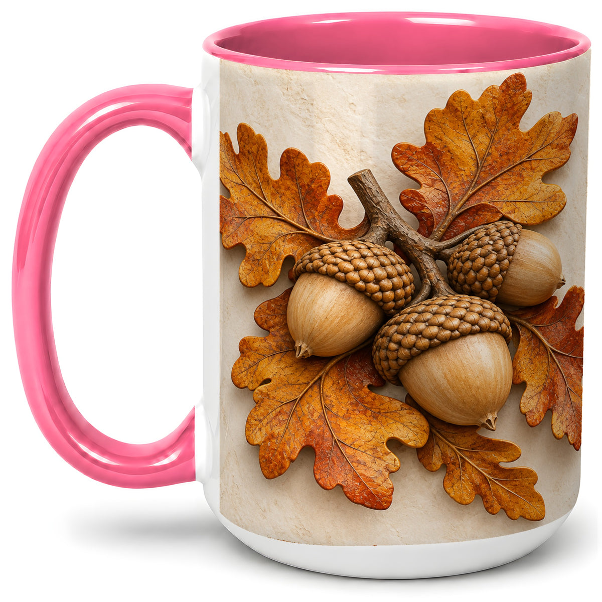 #pl[15oz|Pink] Autumn Acorn Oak Leaf Accent Mug, Ceramic Cup for Nature Fans