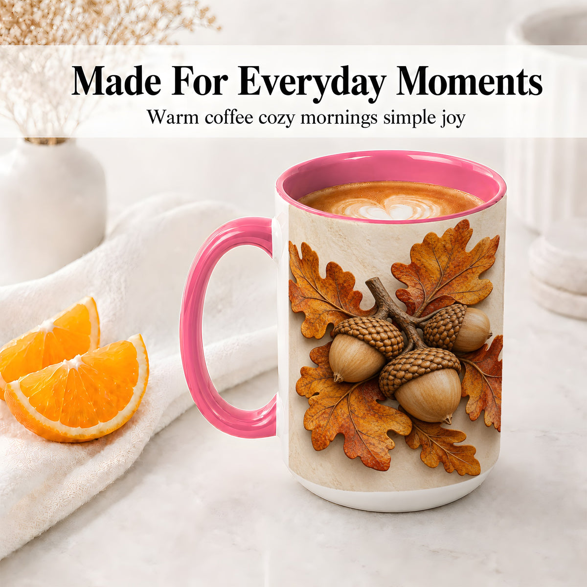 #pl[15oz|Pink] Autumn Acorn Oak Leaf Accent Mug, Ceramic Cup for Nature Fans