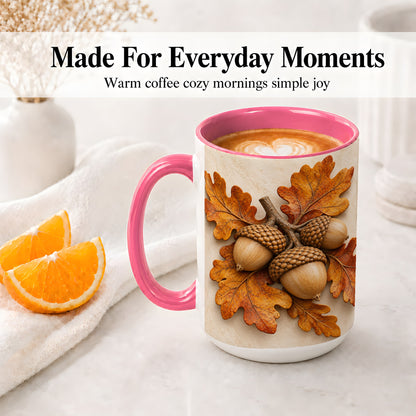 #pl[15oz|Pink] Autumn Acorn Oak Leaf Accent Mug, Ceramic Cup for Nature Fans