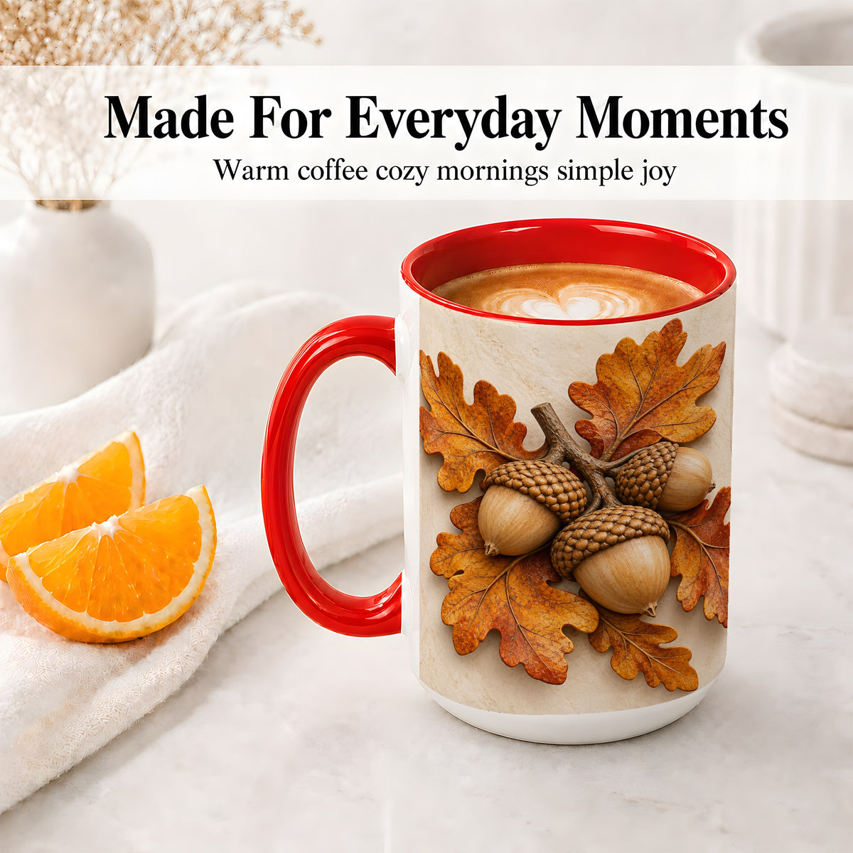 #pl[15oz|Red] Autumn Acorn Oak Leaf Accent Mug, Ceramic Cup for Nature Fans
