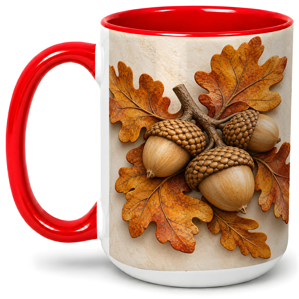 #pl[15oz|Red] Autumn Acorn Oak Leaf Accent Mug, Ceramic Cup for Nature Fans
