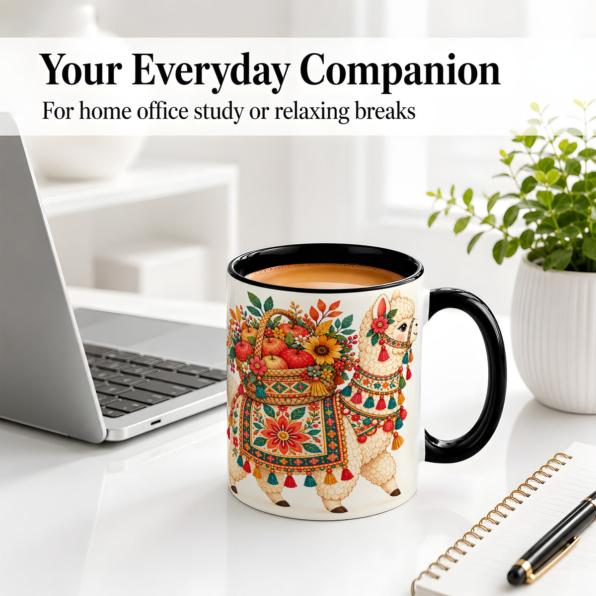 #pl[11oz|Black] Autumn Llama Apple Basket Accent Mug, Ceramic Cup for Animal Fans